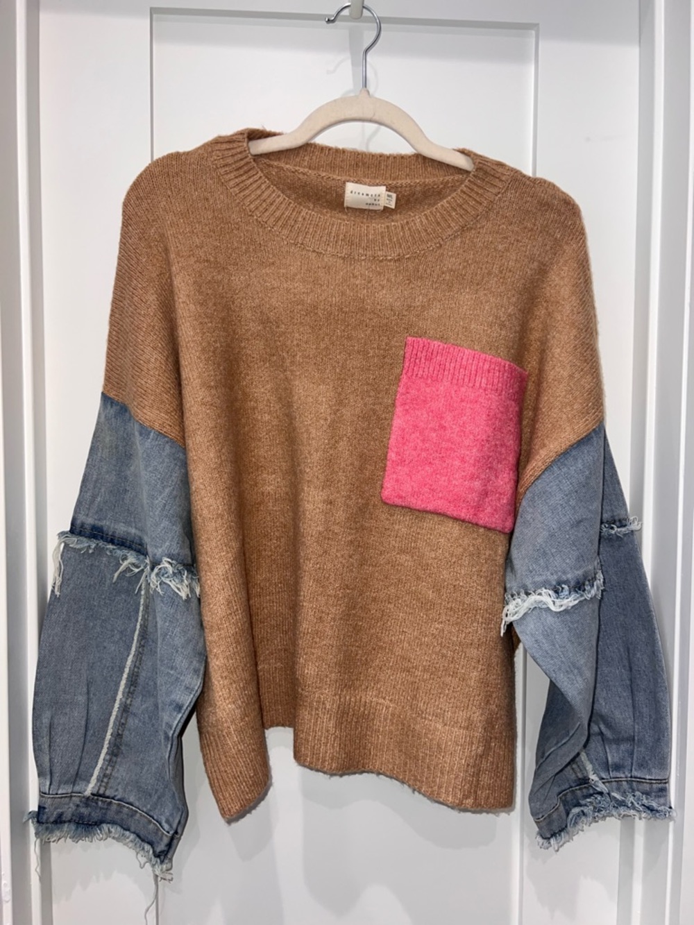 Women's Tan Crewneck Sweater with Pink Patch Pocket and Denim Sleeves